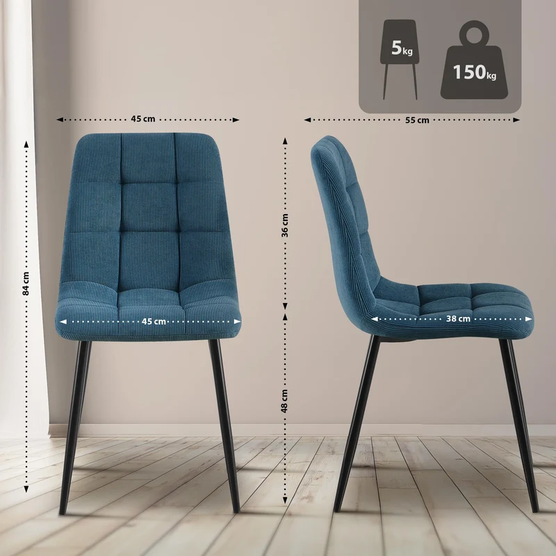 Chaise de salle à manger x1 design en velours côtelé bleu à coutures carrées – Pieds métal noirs 10_0007448