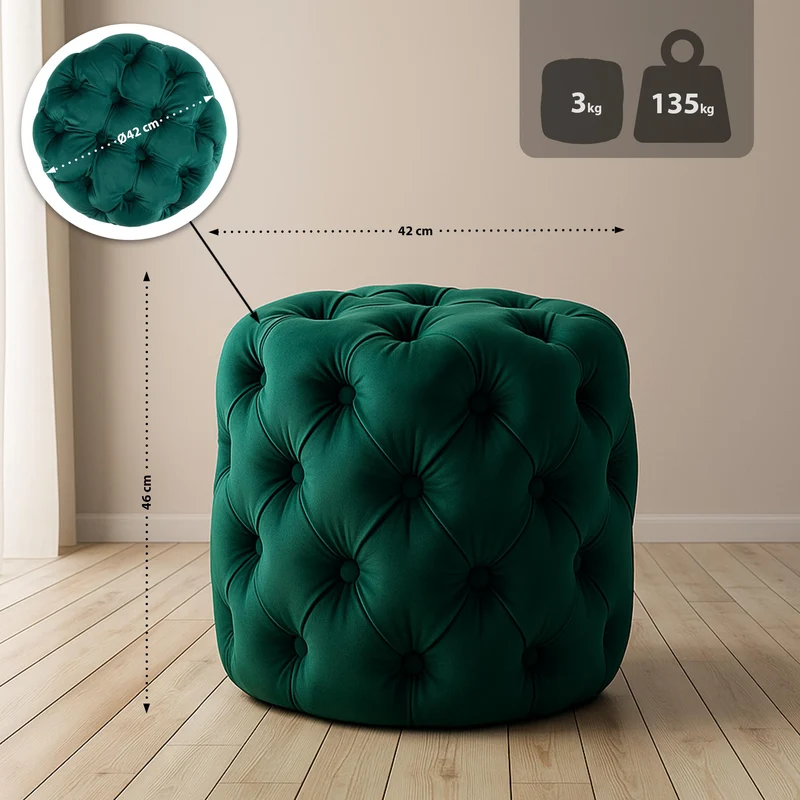 Tabouret chesterfield capitonné Ø 42 cm en velours vert foncé avec boutons décoratifs – polyvalent et élégant 10_0008376