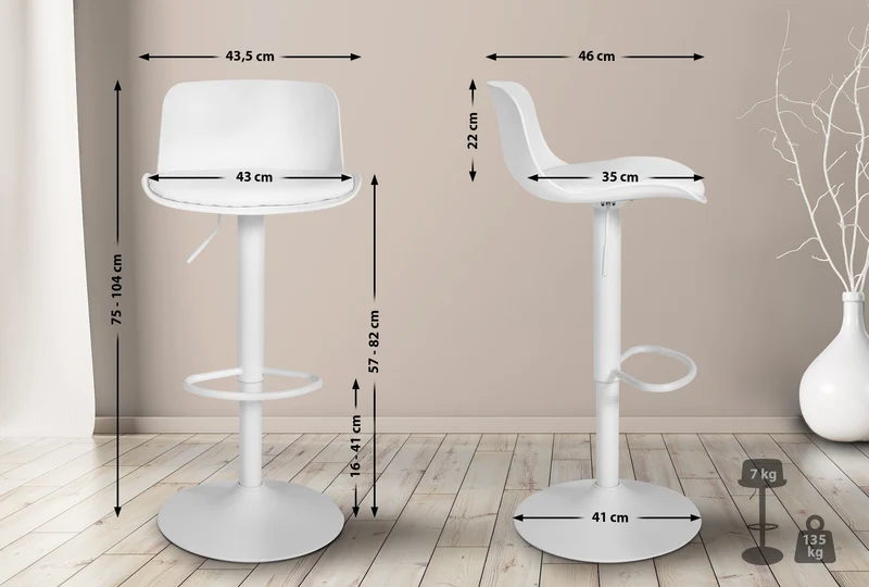 Tabouret de bar x1 hauteur réglable et siège pivotant avec siège en plastique blanc métal blanc 10_0006266