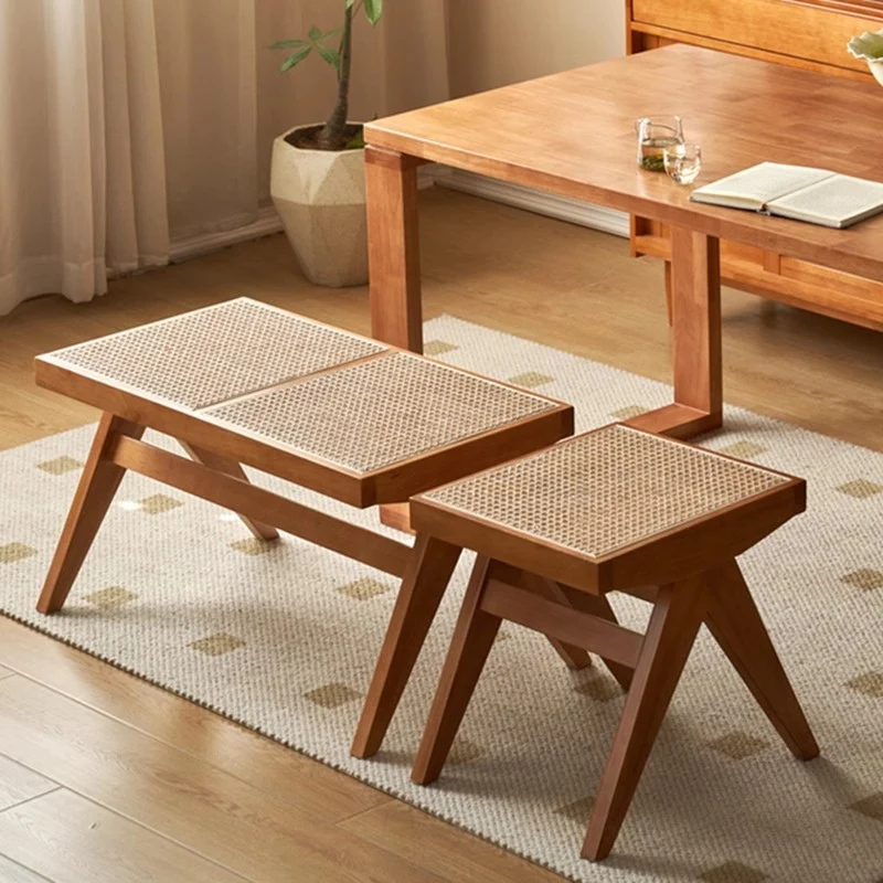 Traditional Japanese Rubber Wood And Faux Rattan Rectangular V-Leg Bench With Handwoven Seat For Entryway And Living Room