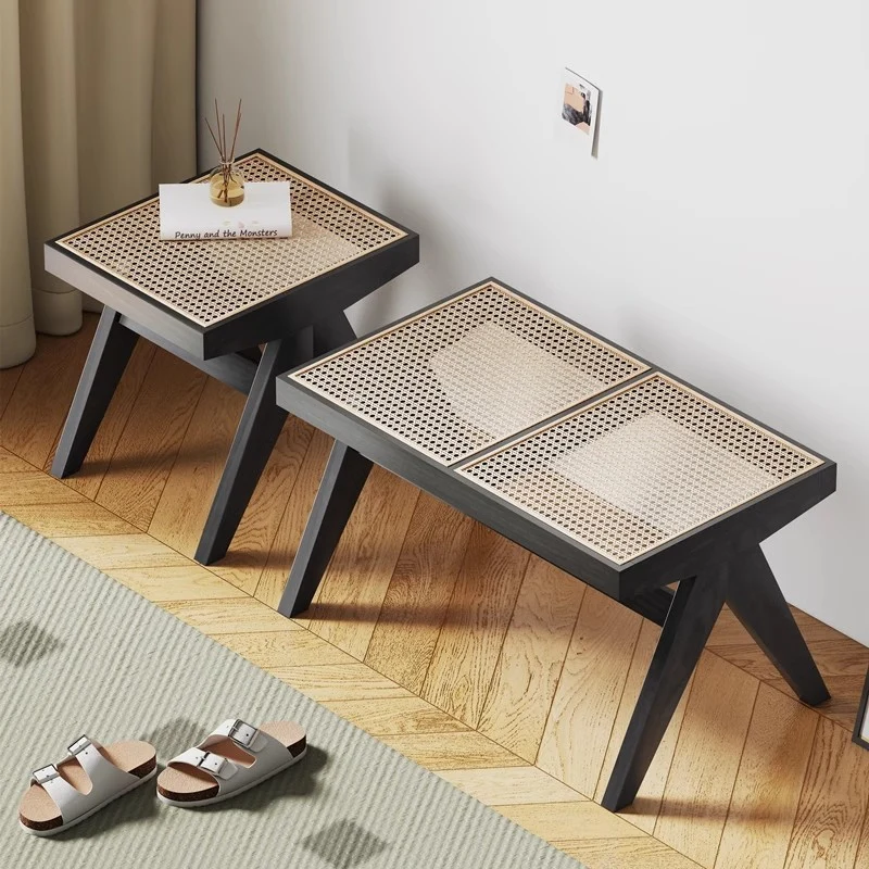 Traditional Japanese Rubber Wood And Faux Rattan Rectangular V-Leg Bench With Handwoven Seat For Entryway And Living Room