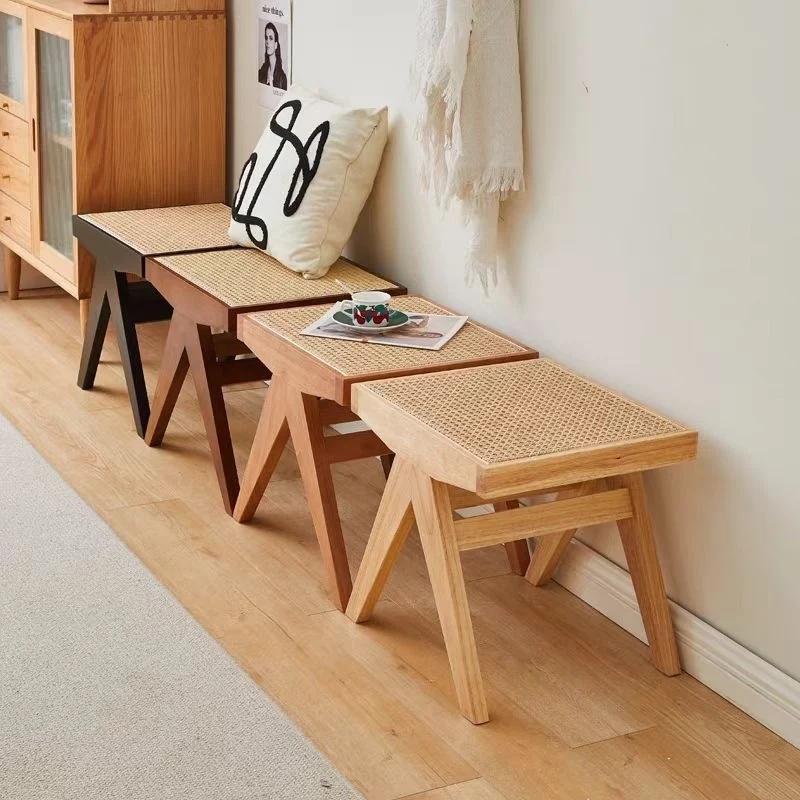 Traditional Japanese Rubber Wood And Faux Rattan Rectangular V-Leg Bench With Handwoven Seat For Entryway And Living Room