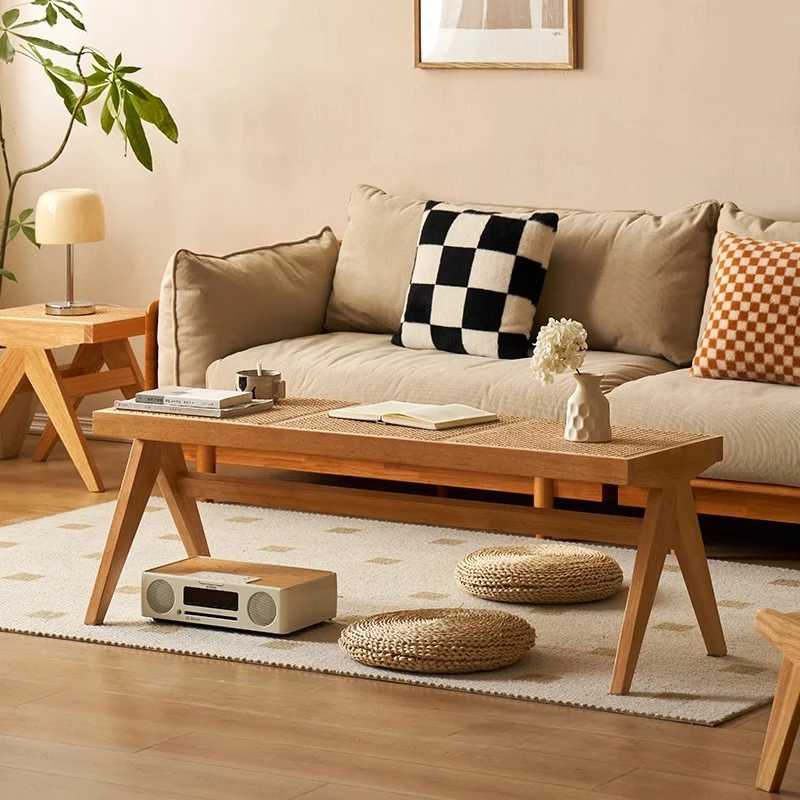 Traditional Japanese Rubber Wood And Faux Rattan Rectangular V-Leg Bench With Handwoven Seat For Entryway And Living Room