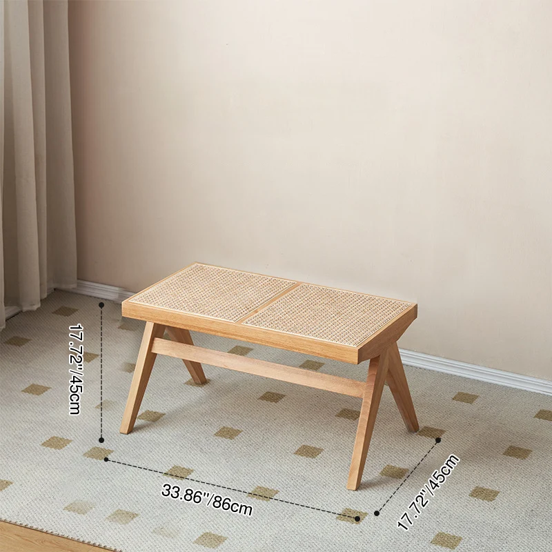 Traditional Japanese Rubber Wood And Faux Rattan Rectangular V-Leg Bench With Handwoven Seat For Entryway And Living Room