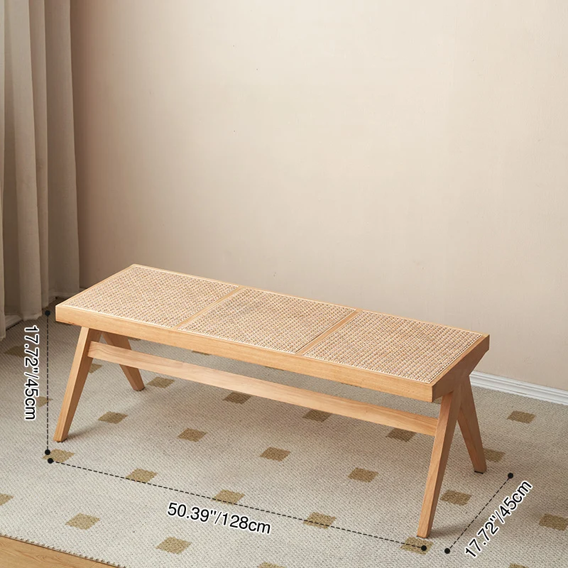 Traditional Japanese Rubber Wood And Faux Rattan Rectangular V-Leg Bench With Handwoven Seat For Entryway And Living Room