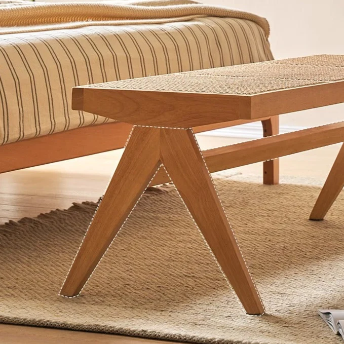 Traditional Japanese Rubber Wood And Faux Rattan Rectangular V-Leg Bench With Handwoven Seat For Entryway And Living Room