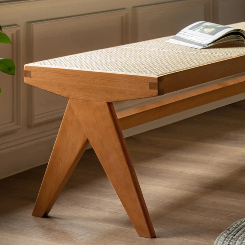 Traditional Japanese Rubber Wood And Faux Rattan Rectangular V-Leg Bench With Handwoven Seat For Entryway And Living Room