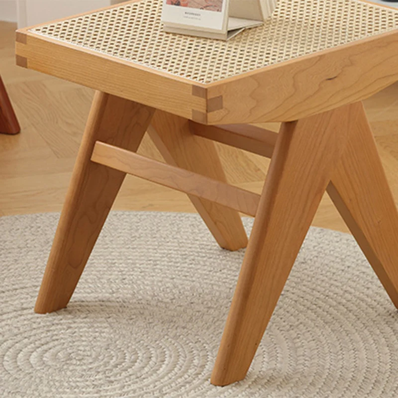 Traditional Japanese Rubber Wood And Faux Rattan Rectangular V-Leg Bench With Handwoven Seat For Entryway And Living Room