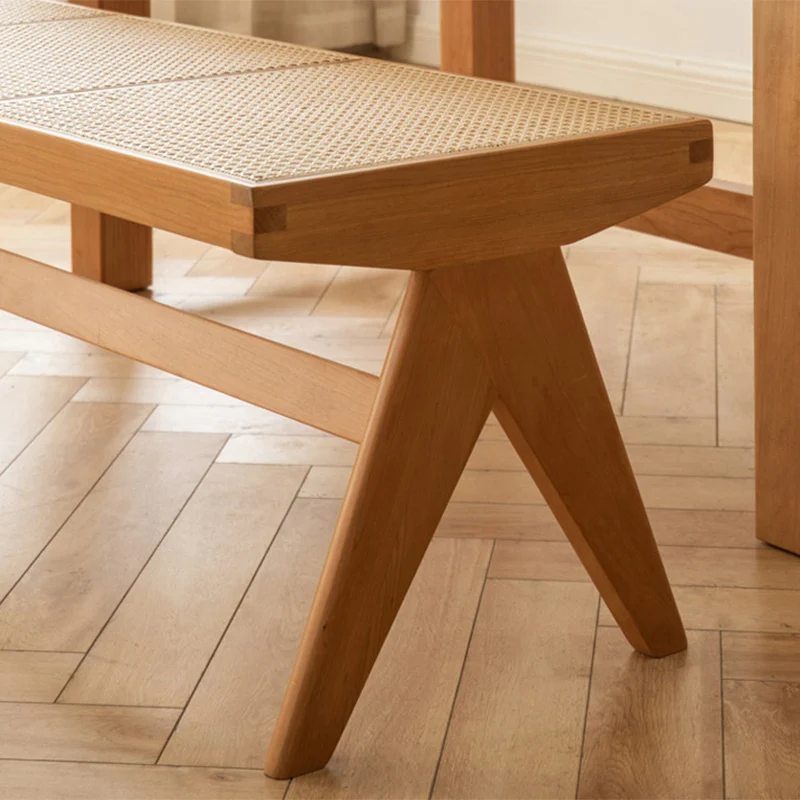 Traditional Japanese Rubber Wood And Faux Rattan Rectangular V-Leg Bench With Handwoven Seat For Entryway And Living Room