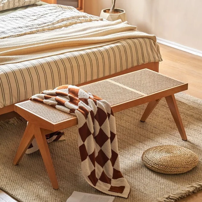 Traditional Japanese Rubber Wood And Faux Rattan Rectangular V-Leg Bench With Handwoven Seat For Entryway And Living Room