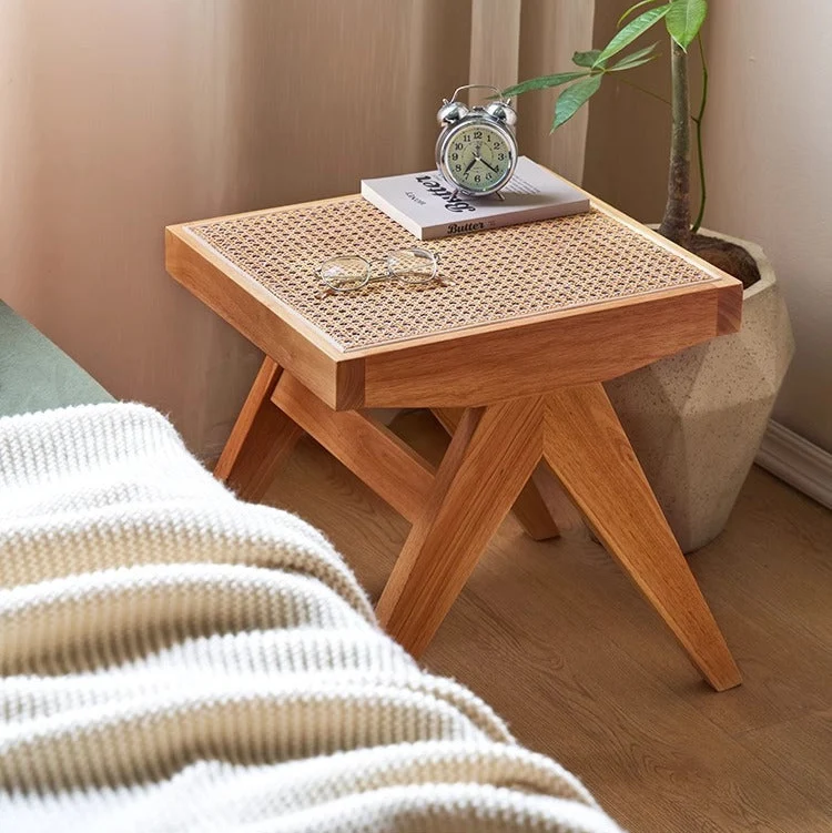 Traditional Japanese Rubber Wood And Faux Rattan Rectangular V-Leg Bench With Handwoven Seat For Entryway And Living Room