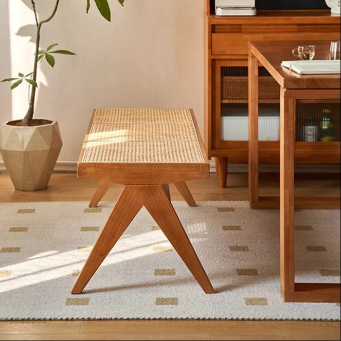 Traditional Japanese Rubber Wood And Faux Rattan Rectangular V-Leg Bench With Handwoven Seat For Entryway And Living Room