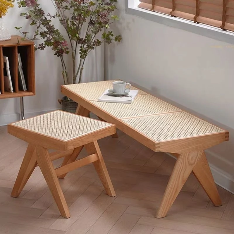 Traditional Japanese Rubber Wood And Faux Rattan Rectangular V-Leg Bench With Handwoven Seat For Entryway And Living Room