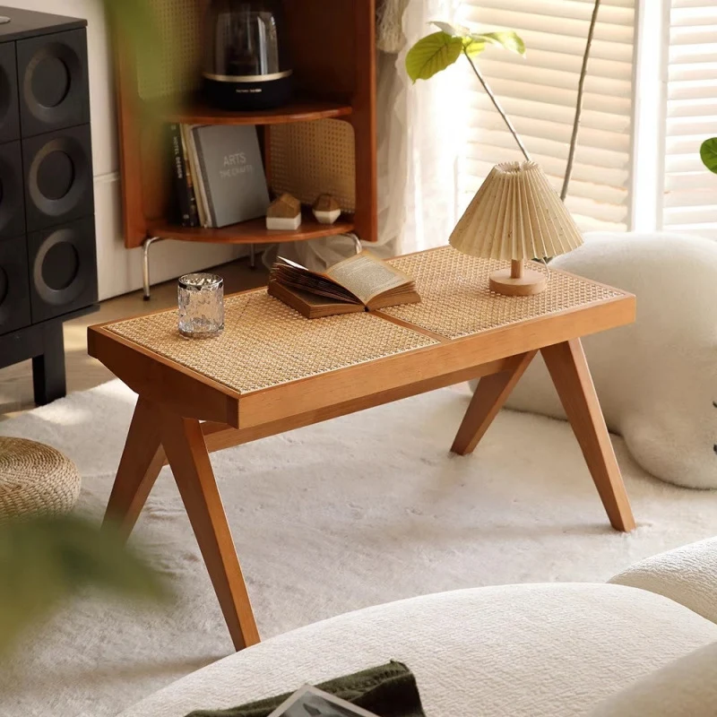 Traditional Japanese Rubber Wood And Faux Rattan Rectangular V-Leg Bench With Handwoven Seat For Entryway And Living Room