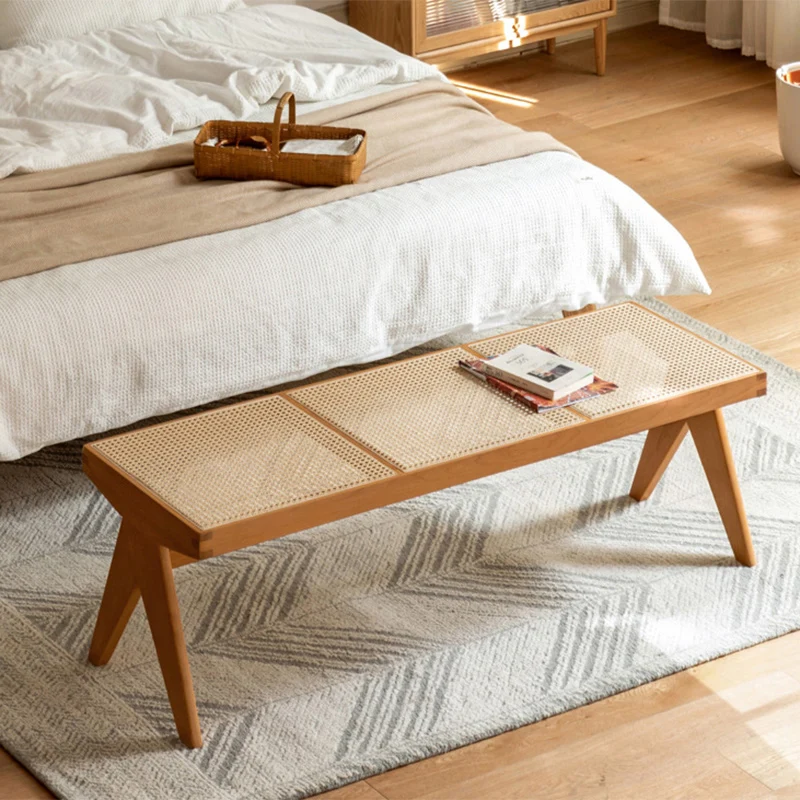 Traditional Japanese Rubber Wood And Faux Rattan Rectangular V-Leg Bench With Handwoven Seat For Entryway And Living Room
