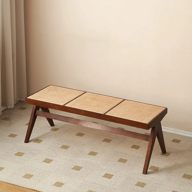 Traditional Japanese Rubber Wood And Faux Rattan Rectangular V-Leg Bench With Handwoven Seat For Entryway And Living Room
