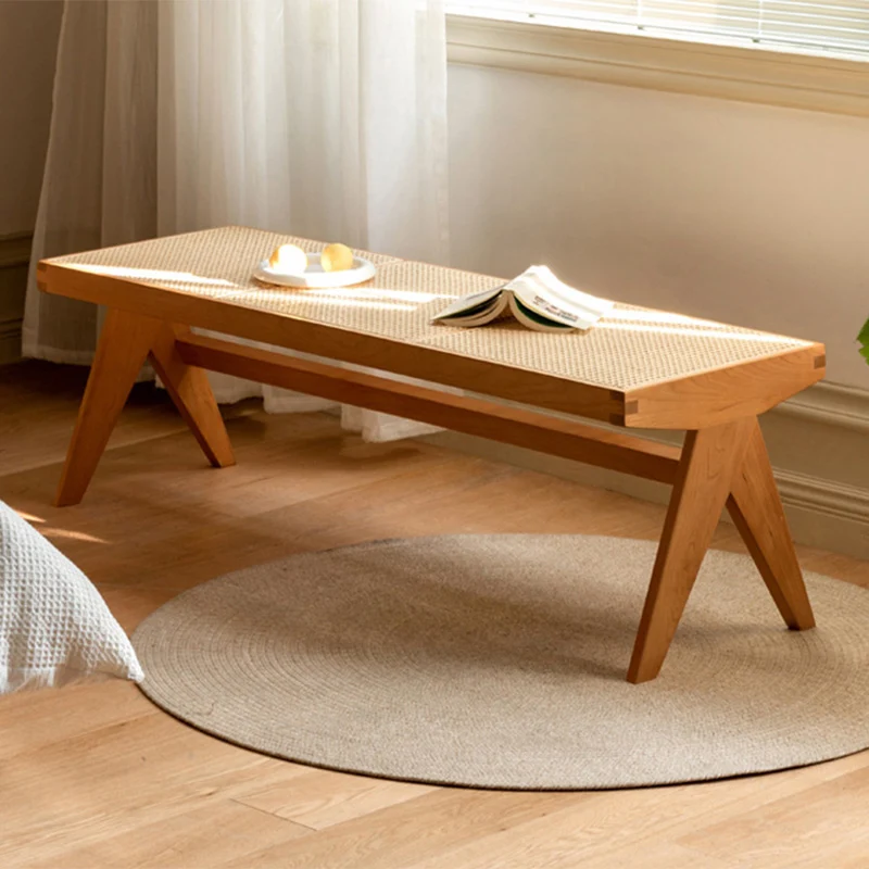 Traditional Japanese Rubber Wood And Faux Rattan Rectangular V-Leg Bench With Handwoven Seat For Entryway And Living Room