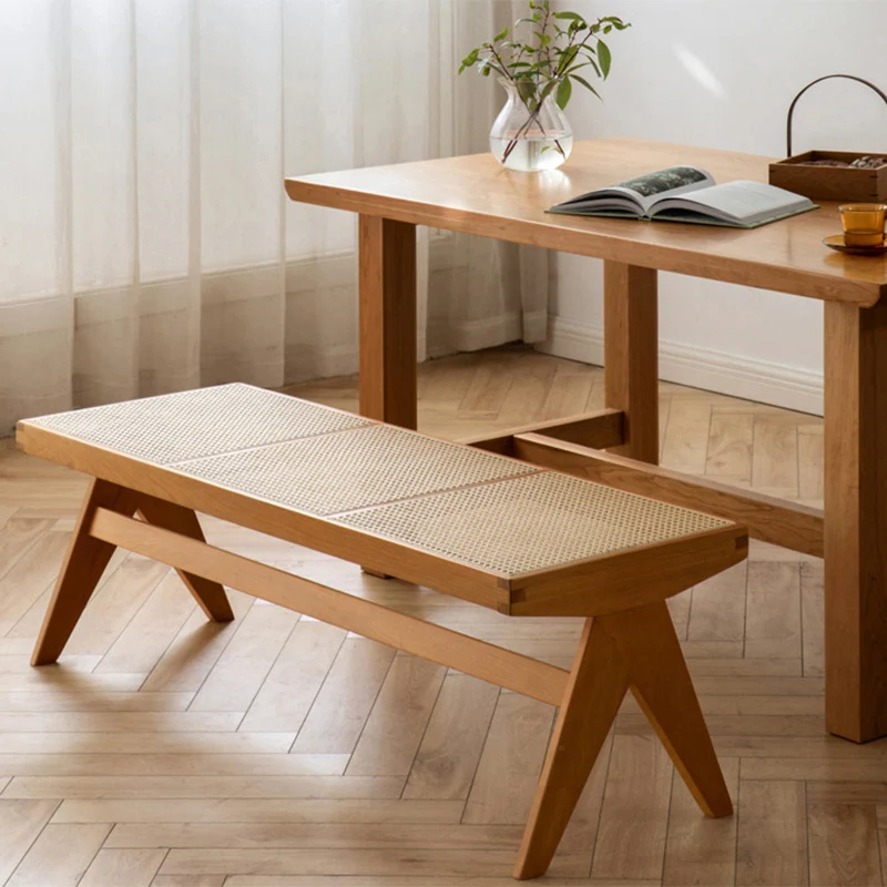 Traditional Japanese Rubber Wood And Faux Rattan Rectangular V-Leg Bench With Handwoven Seat For Entryway And Living Room