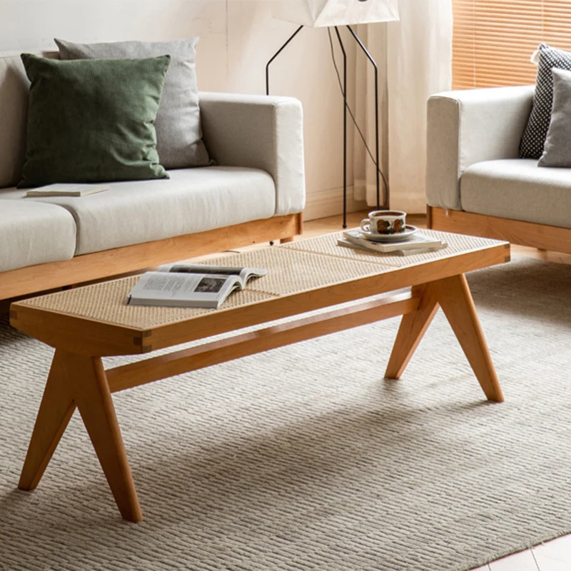 Traditional Japanese Rubber Wood And Faux Rattan Rectangular V-Leg Bench With Handwoven Seat For Entryway And Living Room