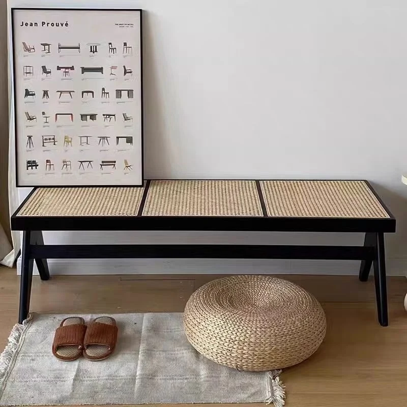 Traditional Japanese Rubber Wood And Faux Rattan Rectangular V-Leg Bench With Handwoven Seat For Entryway And Living Room