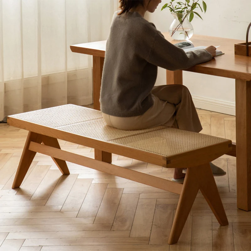 Traditional Japanese Rubber Wood And Faux Rattan Rectangular V-Leg Bench With Handwoven Seat For Entryway And Living Room