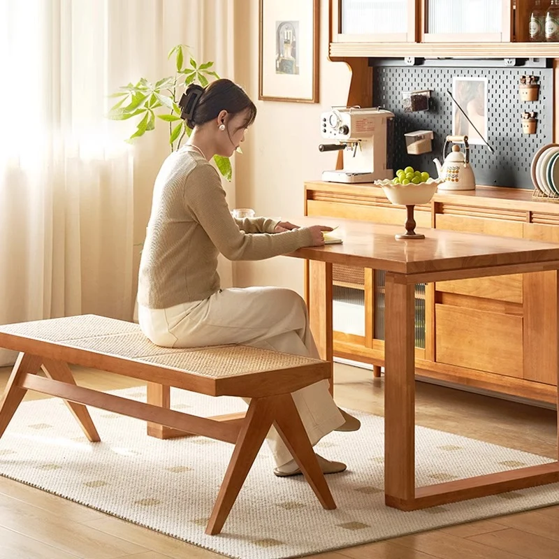 Traditional Japanese Rubber Wood And Faux Rattan Rectangular V-Leg Bench With Handwoven Seat For Entryway And Living Room