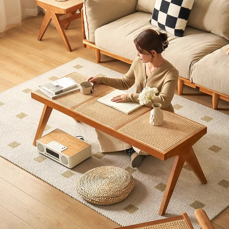 Traditional Japanese Rubber Wood And Faux Rattan Rectangular V-Leg Bench With Handwoven Seat For Entryway And Living Room