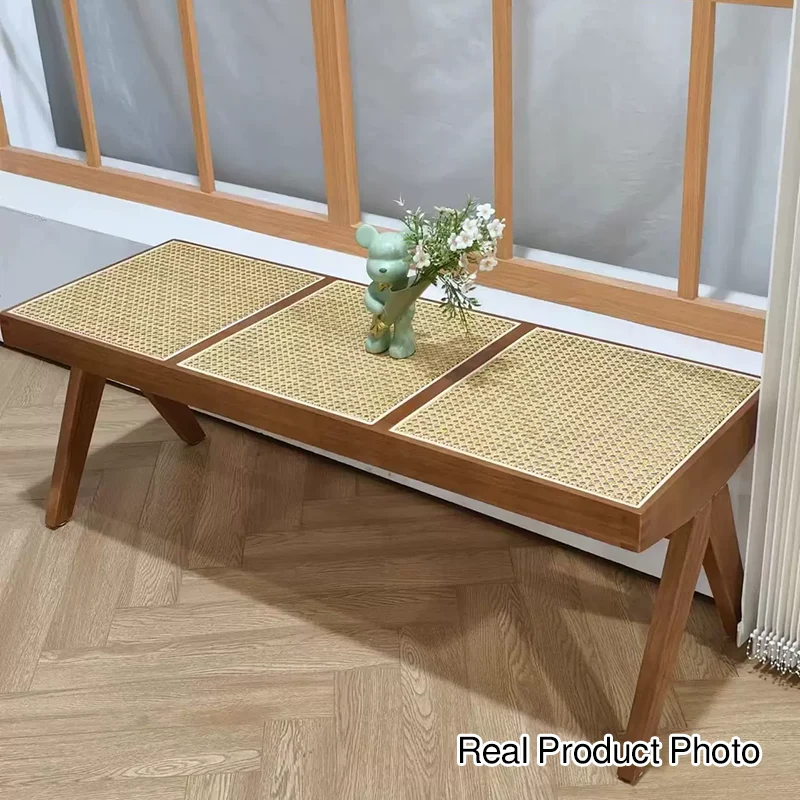 Traditional Japanese Rubber Wood And Faux Rattan Rectangular V-Leg Bench With Handwoven Seat For Entryway And Living Room