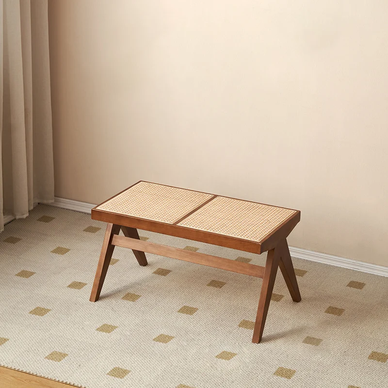 Traditional Japanese Rubber Wood And Faux Rattan Rectangular V-Leg Bench With Handwoven Seat For Entryway And Living Room