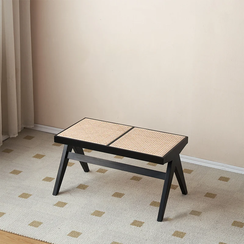 Traditional Japanese Rubber Wood And Faux Rattan Rectangular V-Leg Bench With Handwoven Seat For Entryway And Living Room