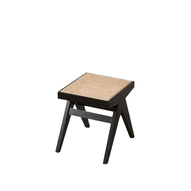 Traditional Japanese Rubber Wood And Faux Rattan Rectangular V-Leg Bench With Handwoven Seat For Entryway And Living Room