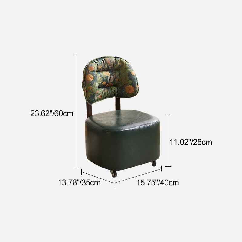 Modern Mid-Century Faux Oil Wax Leather & Linen Metal Rounded Square Low Stool With Backrest And Mobility For Living Room