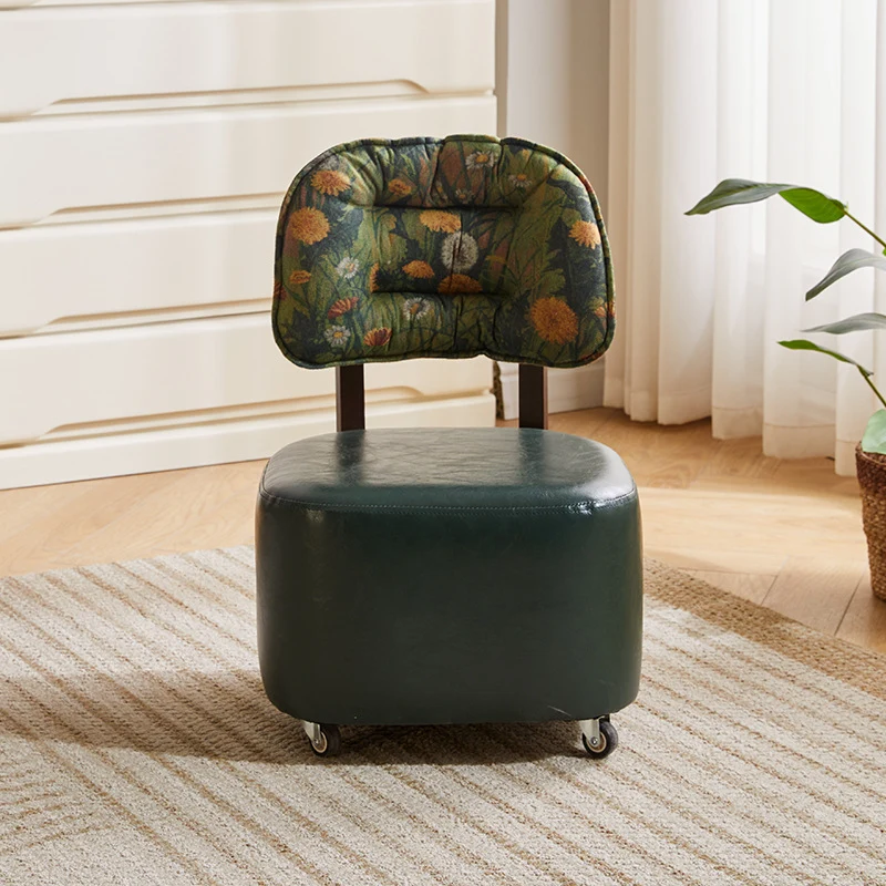 Modern Mid-Century Faux Oil Wax Leather & Linen Metal Rounded Square Low Stool With Backrest And Mobility For Living Room