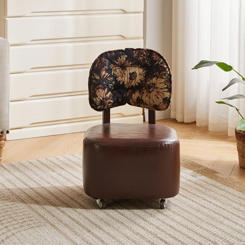 Modern Mid-Century Faux Oil Wax Leather & Linen Metal Rounded Square Low Stool With Backrest And Mobility For Living Room