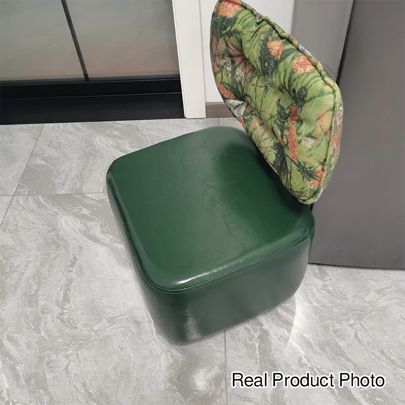 Modern Mid-Century Faux Oil Wax Leather & Linen Metal Rounded Square Low Stool With Backrest And Mobility For Living Room