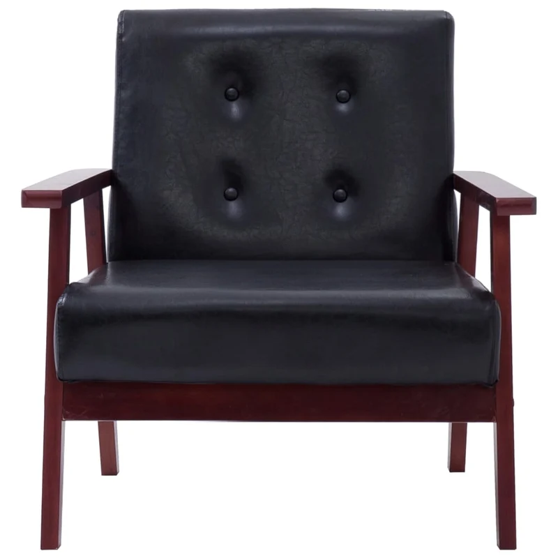 Fauteuil lounge design rétro et moderne dossier capitonné en PVC noir cadre en bois DEC028656