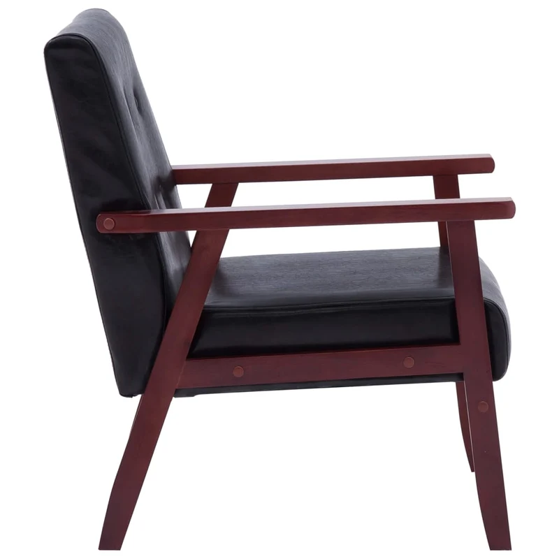 Fauteuil lounge design rétro et moderne dossier capitonné en PVC noir cadre en bois DEC028656