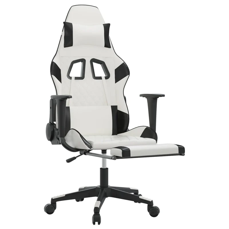 Fauteuil de bureau chaise gaming fonction de massage avec coussin lombaire avec repose-pieds en PVC blanc et noir DEC025828