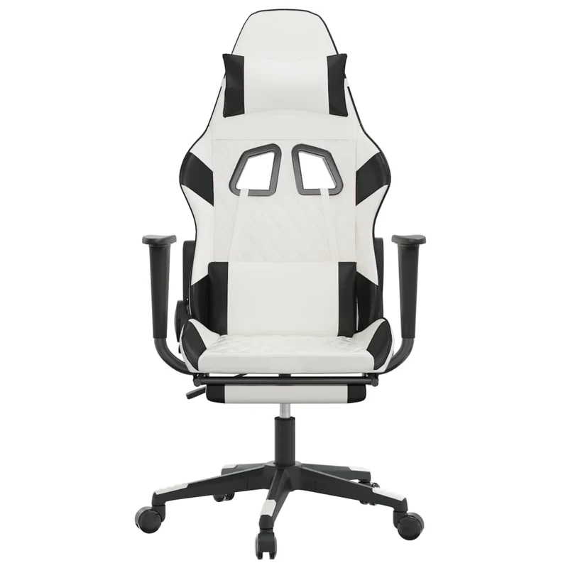 Fauteuil de bureau chaise gaming fonction de massage avec coussin lombaire avec repose-pieds en PVC blanc et noir DEC025828