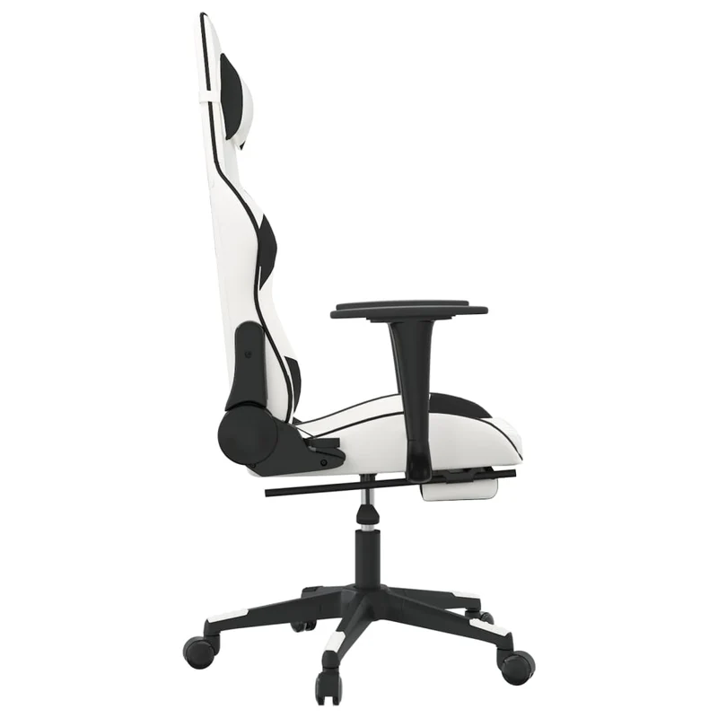 Fauteuil de bureau chaise gaming fonction de massage avec coussin lombaire avec repose-pieds en PVC blanc et noir DEC025828