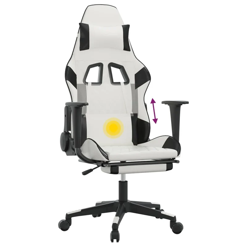 Fauteuil de bureau chaise gaming fonction de massage avec coussin lombaire avec repose-pieds en PVC blanc et noir DEC025828
