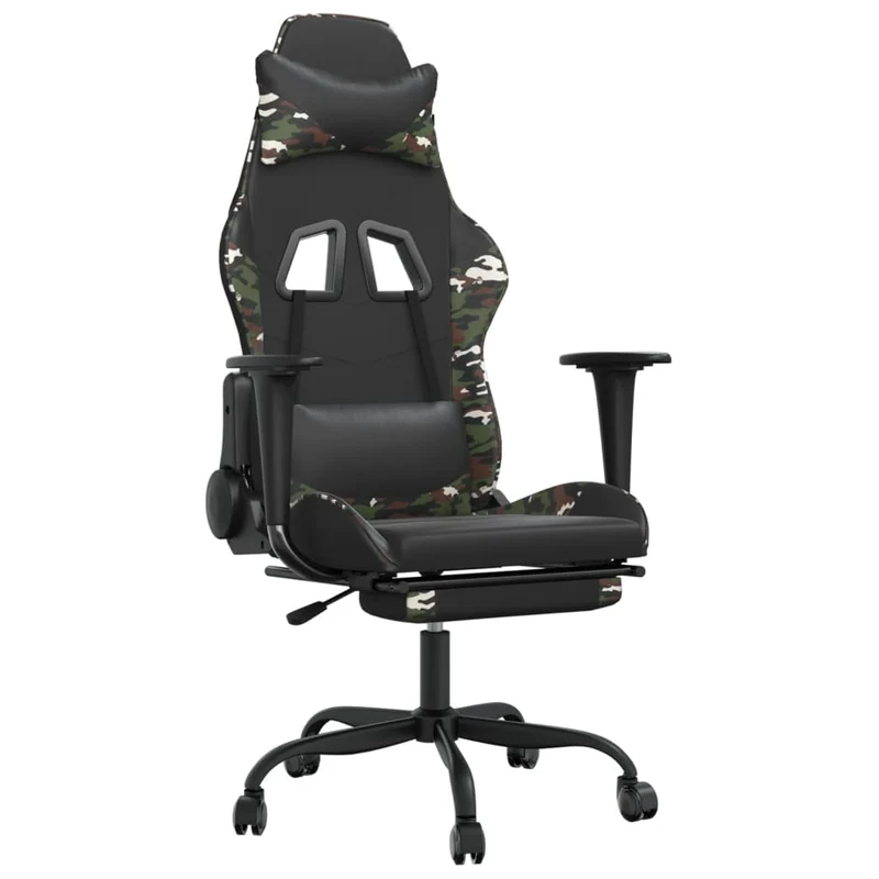Fauteuil de bureau chaise gaming avec coussin lombaire repose-pied noir camouflage PVC multicolore DEC025946