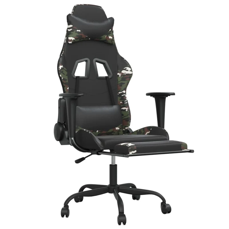 Fauteuil de bureau chaise gaming avec coussin lombaire repose-pied noir camouflage PVC multicolore DEC025946