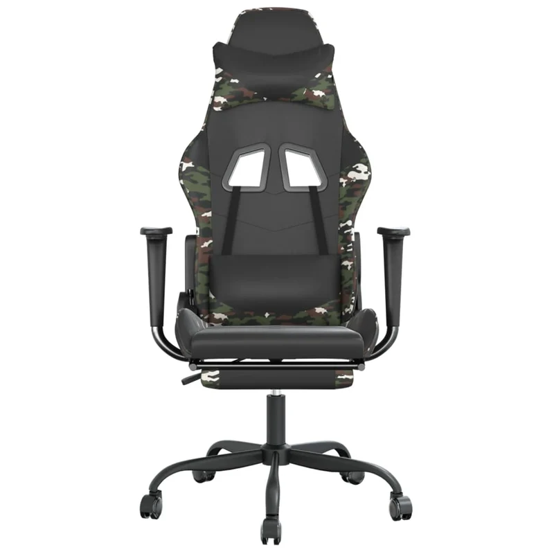 Fauteuil de bureau chaise gaming avec coussin lombaire repose-pied noir camouflage PVC multicolore DEC025946