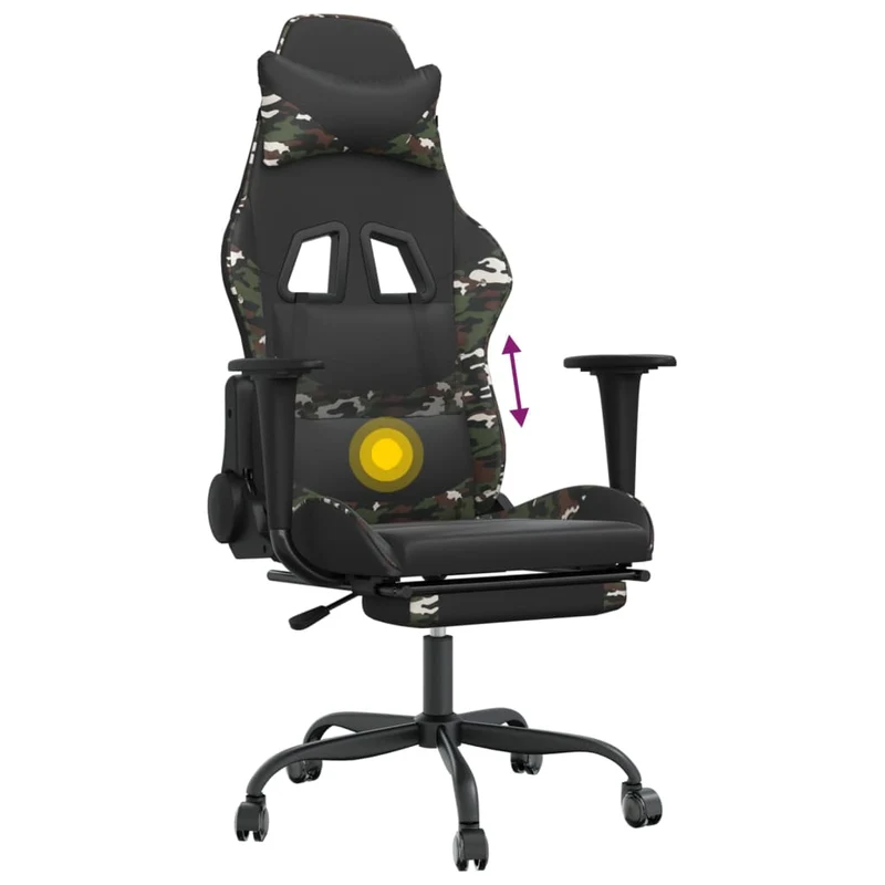 Fauteuil de bureau chaise gaming avec coussin lombaire repose-pied noir camouflage PVC multicolore DEC025946
