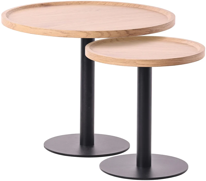 Ensemble de tables d'appoint moderne plateau rond en bois clair Ø60cm et Ø40cm pied central en métal noir 10_0009159