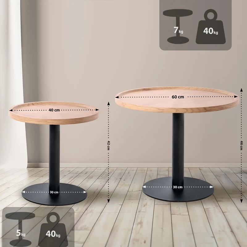 Ensemble de tables d'appoint moderne plateau rond en bois clair Ø60cm et Ø40cm pied central en métal noir 10_0009159
