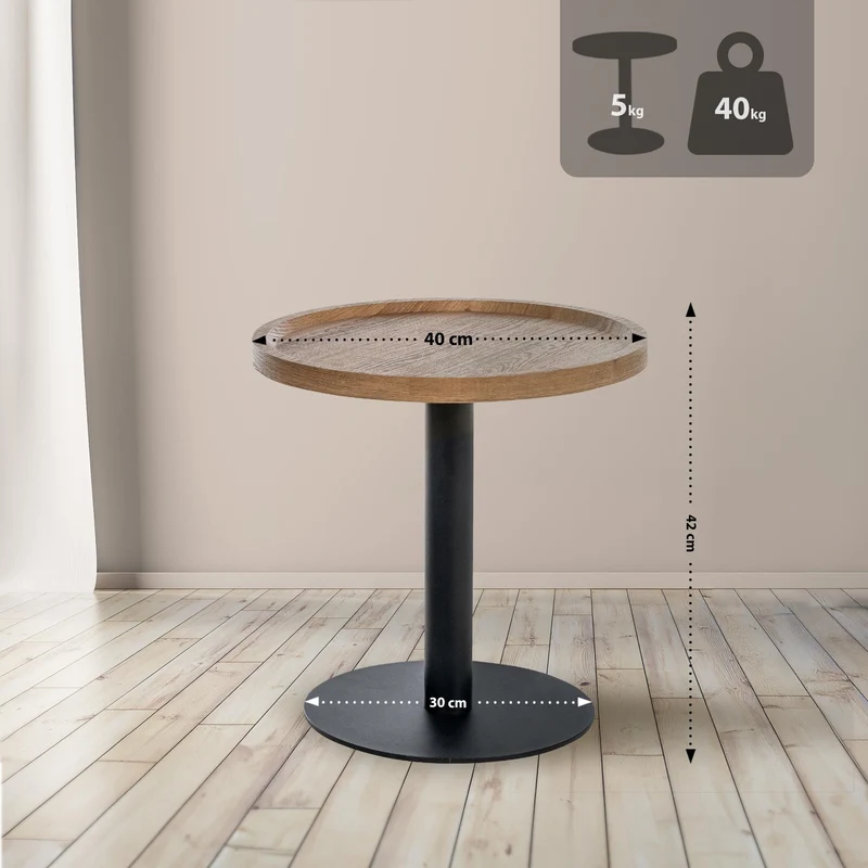 Table d'appoint moderne plateau rond en bois marron Ø40cm design avec pied central en métal noir 10_0009157