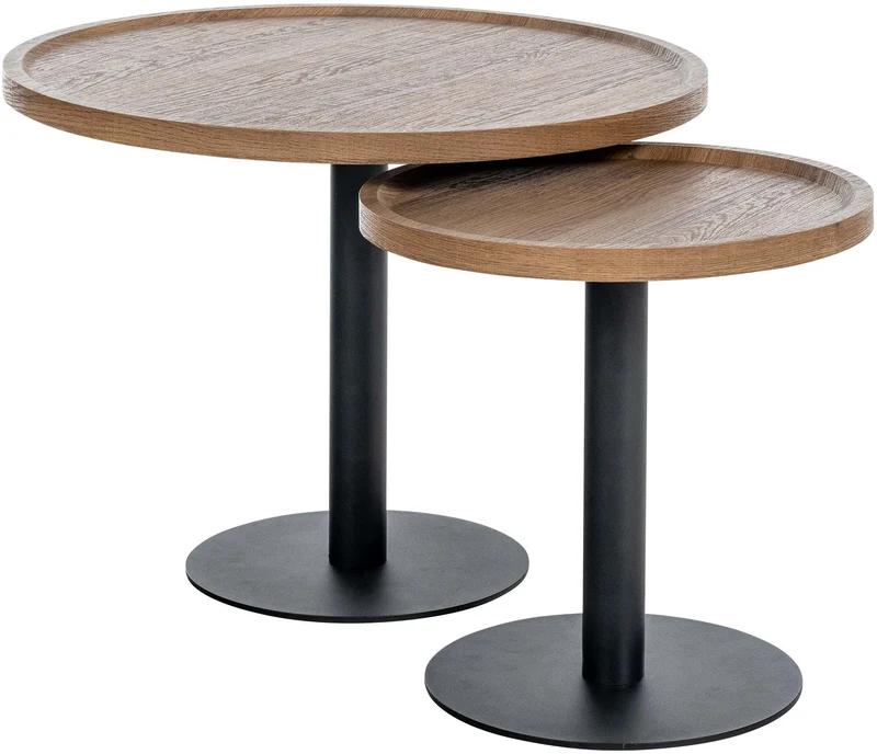 Ensemble de tables d'appoint moderne plateau rond en bois marron Ø60cm et Ø40cm pied central en métal noir 10_0009155