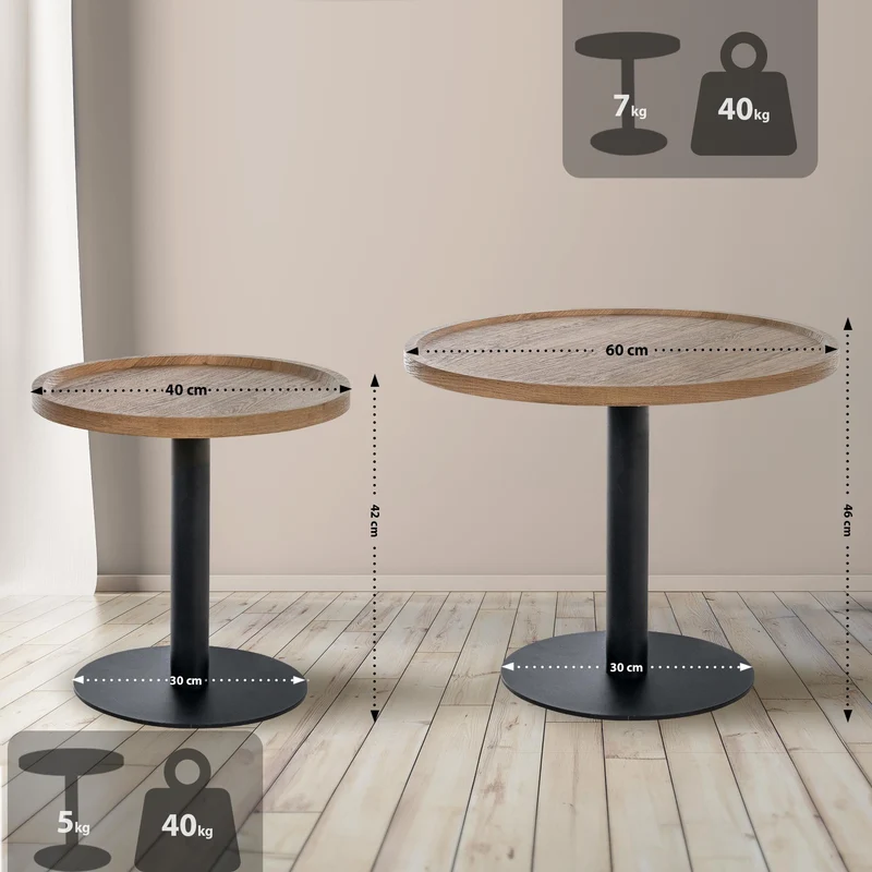 Ensemble de tables d'appoint moderne plateau rond en bois marron Ø60cm et Ø40cm pied central en métal noir 10_0009155